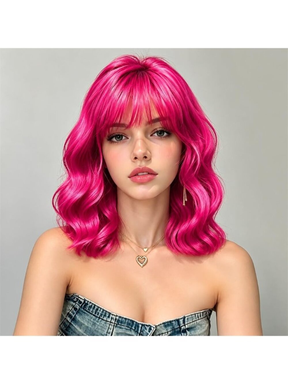 Women's Pastel Pink Wavy Synthetic Shoulder Length Sweetie Bob Wig Bangs